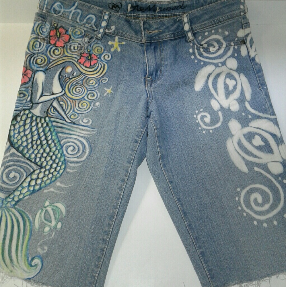 SALE!! Hand painted Mermaid Denim Bermuda Shorts